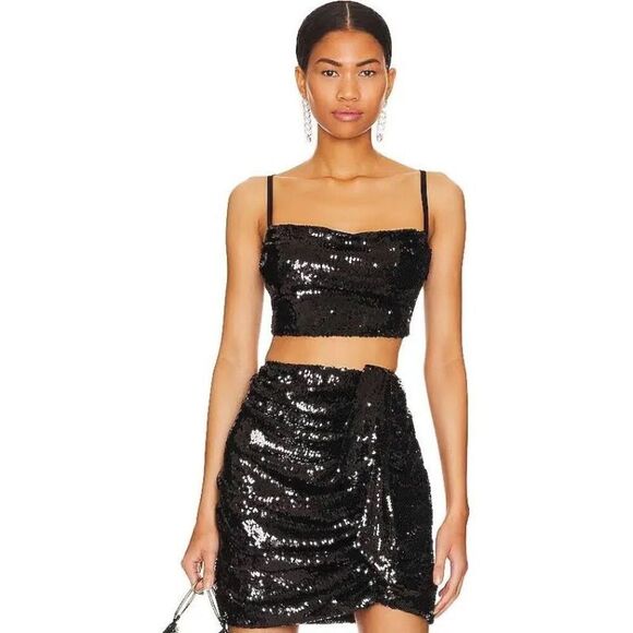 Revolve OW Size XS Glitter Crop Top Black Sequin Going Out Evening Club NWT